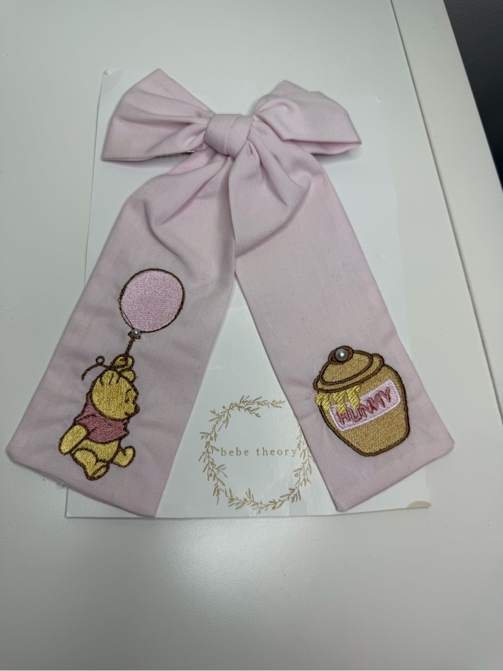 Bebe Theory Pink Kids Bow Hair Bow with Embroidered Winnie-the-Pooh & Honey Pot